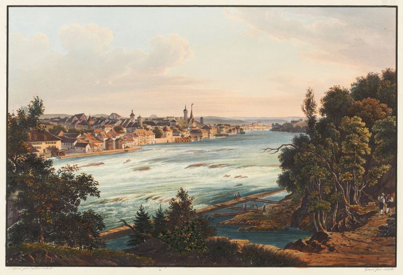 Landscape of Schaffhouse with a serene sky, oil painting by Johann Ludwig Bleuler
