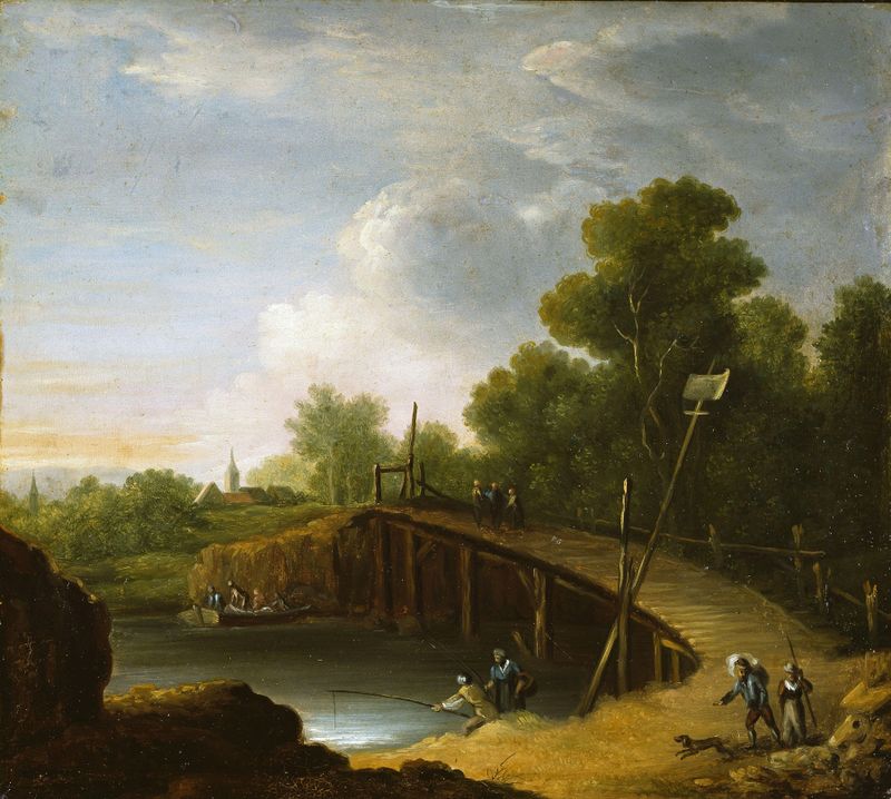 Paisaje con un Puente de Frederik Petersen, pintura al óleo que presenta un puente sobre el agua y árboles.