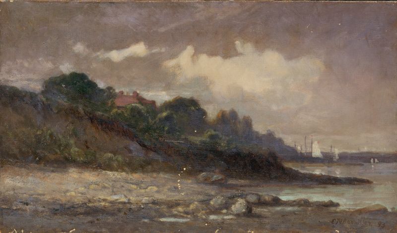 Escena marina con costa y veleros de Edward Mitchell Bannister, Impresionismo