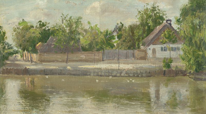 A Village Brook by Karol Miloslav Lehotský, oil on canvas depicting a tranquil river scene.