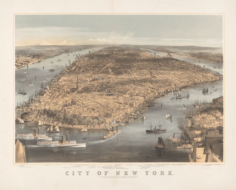 City of New York de Currier & Ives, representando un vibrante paisaje urbano, litografía