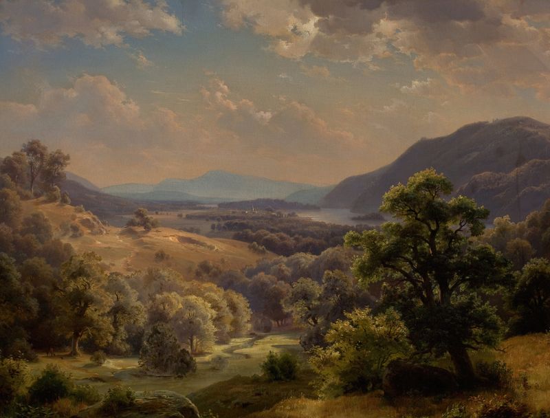 Extensive landscape with valley and mountains, oil on canvas by Paul Weber