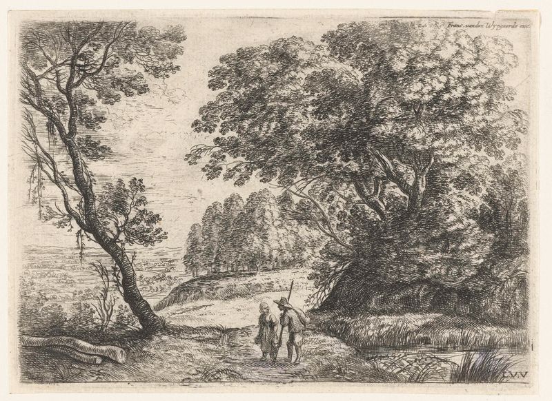 Landschap met een man en vrouw in gesprek, gravura de Lucas van Uden