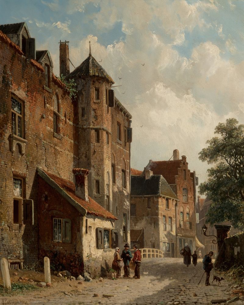 Sunlit Dutch street scene, oil on canvas by Adrianus Eversen