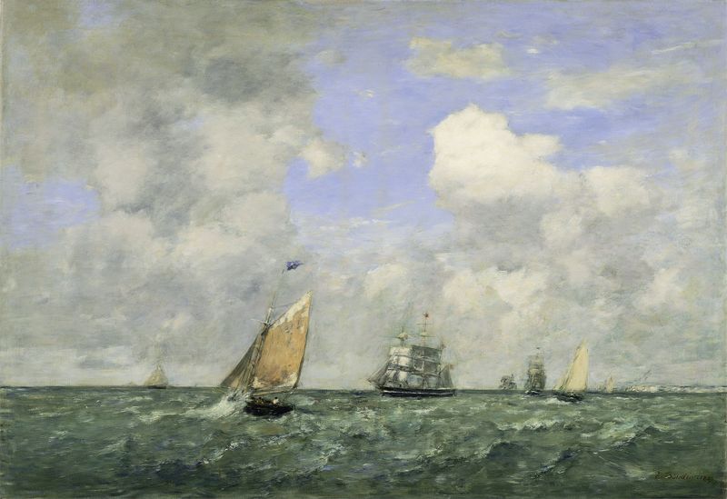 Ships and sailing boats at Le Havre, oil on canvas by Eugène Boudin