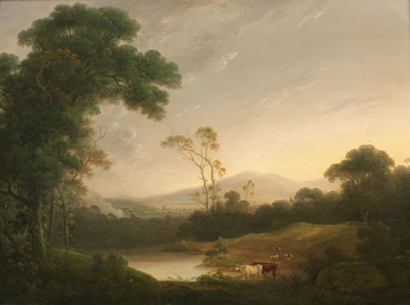 An extensive Italianate landscape with a drover by John Rathbone, oil painting