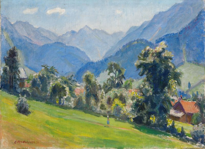 Pintura al óleo de Otto Modersohn que representa colinas y un pueblo.