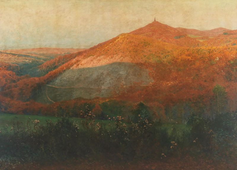 Landscape depicting Hermannskogel and Habsburgwarte tower by Heinrich Tomec, oil painting