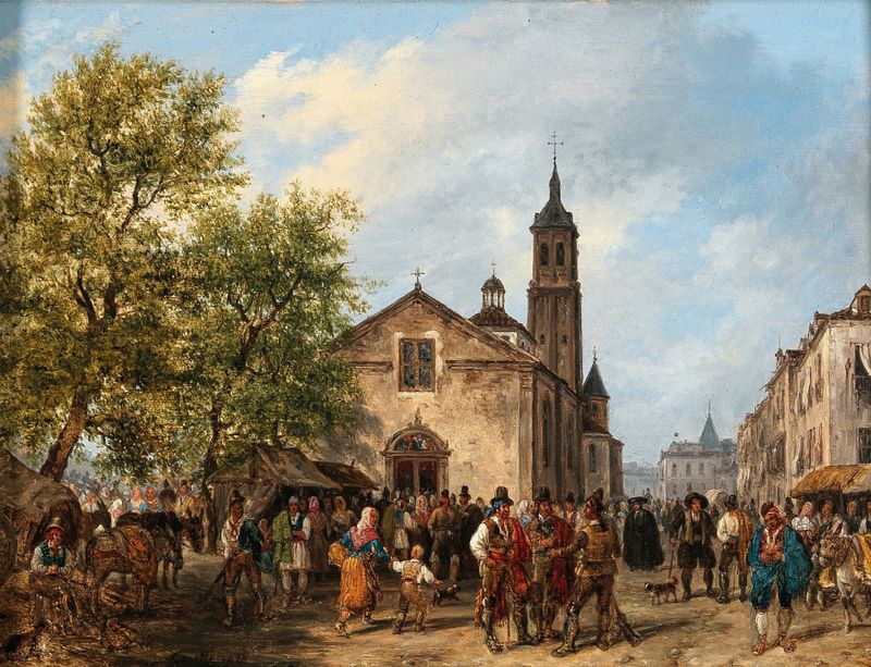 Cena de gênero em uma praça de mercado por Giuseppe Canella, pintura a óleo