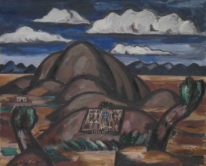 Cemetery, New Mexico by Marsden Hartley, oil on canvas, features gravestones in an ethereal landscape.