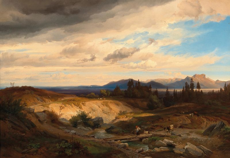 Bavaria, a Goat Shepherdess in a mountain landscape, oil painting by Johann Gottfried Steffan