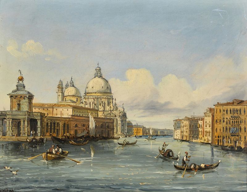 Venetian View IV de Carlo Grubacs, pintura a óleo que retrata uma paisagem com água e um céu dramático.