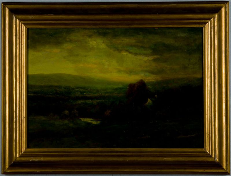 Paisagem de George Inness, óleo sobre tela que retrata a natureza serena com verdes e céu