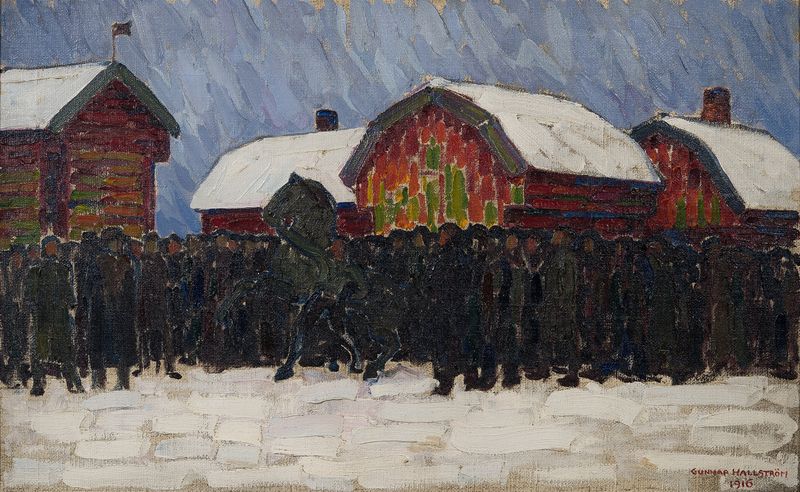 Obra figurativa de Gunnar Hallström, Horse-Sale, representando um cavalo e figuras em tensão, pintura a óleo.