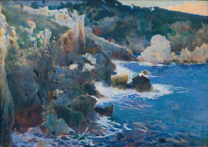 Cala Encantada by Joaquin Mir Trinxet, oil on canvas depicting azure waters and coastal nature.