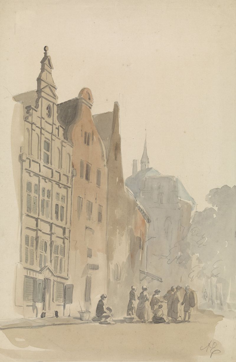Ronde Lutherse kerk and houses in Amsterdam, oil on canvas by Adrianus Eversen