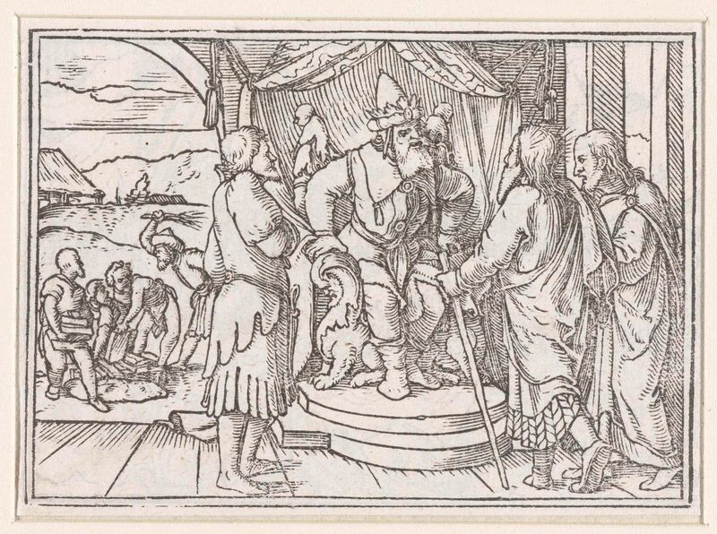 Cena religiosa com Moisés e Arão discutindo com o Faraó, papel de Hans Holbein