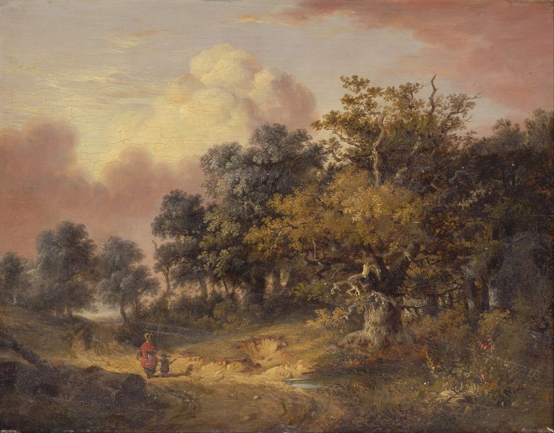 Wooded landscape with a woman and child walking down a road, Robert Ladbrooke, oil painting