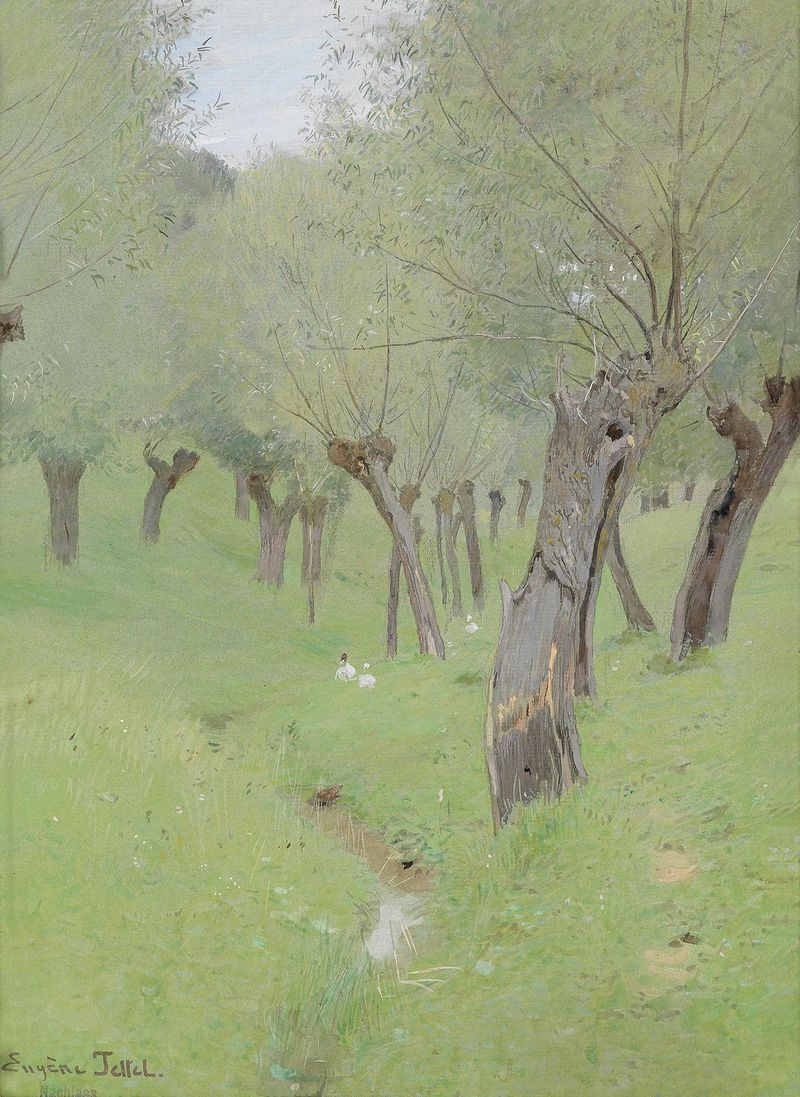 Dorfstraße nach dem Regen, óleo sobre tela de Eugen Jettel, retrata uma rua de paralelepípedos molhada.
