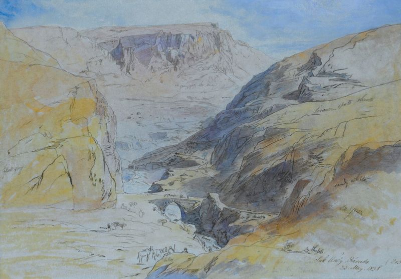 El Desfiladero En Suk Wady Barada, acuarela sobre papel de Edward Lear, que representa acantilados y un río.