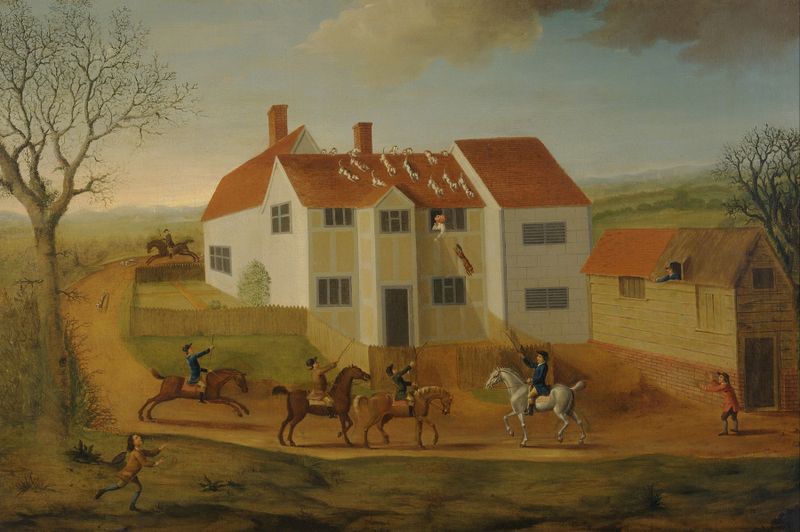 John Sidey and his Hounds at a Farmhouse near Hadleigh, Suffolk, óleo sobre tela de James Dunthorne