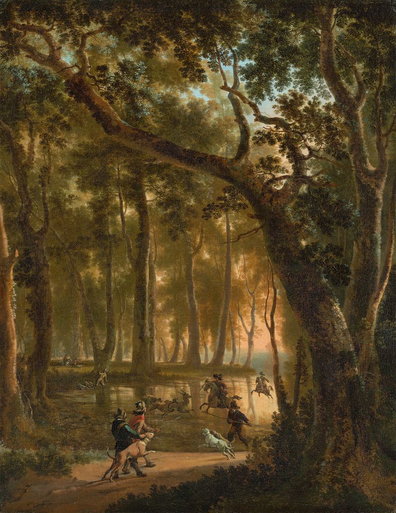 Deer Hunt in a Forest by Jan Hackaert, oil on canvas depicting a stag in a tranquil forest.