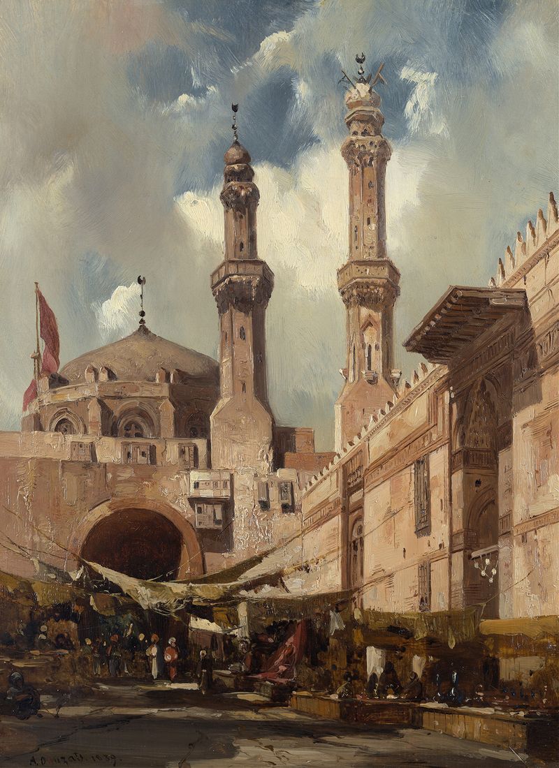 A Cairo Bazaar by Adrien Dauzats, depicting a vibrant market scene with textiles and golden light.