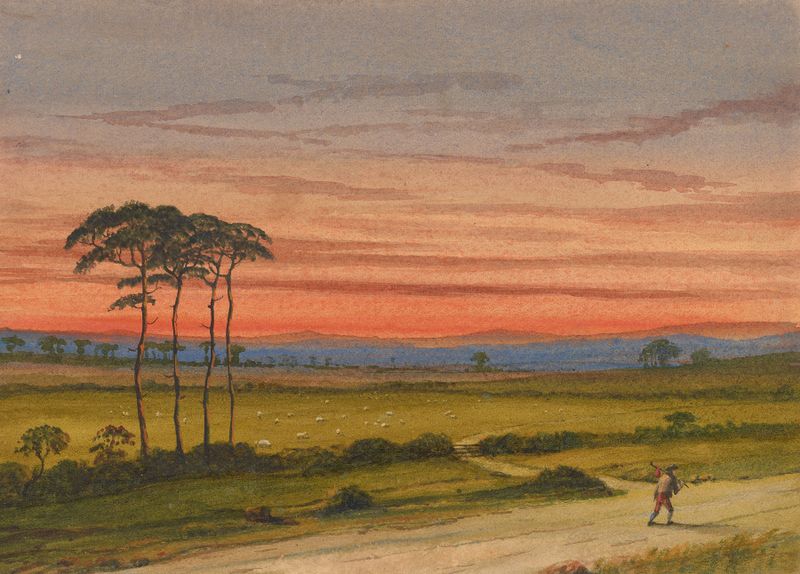 Paisagem com tons vermelhos e céu noturno de Elisha Noyce, pintura a óleo