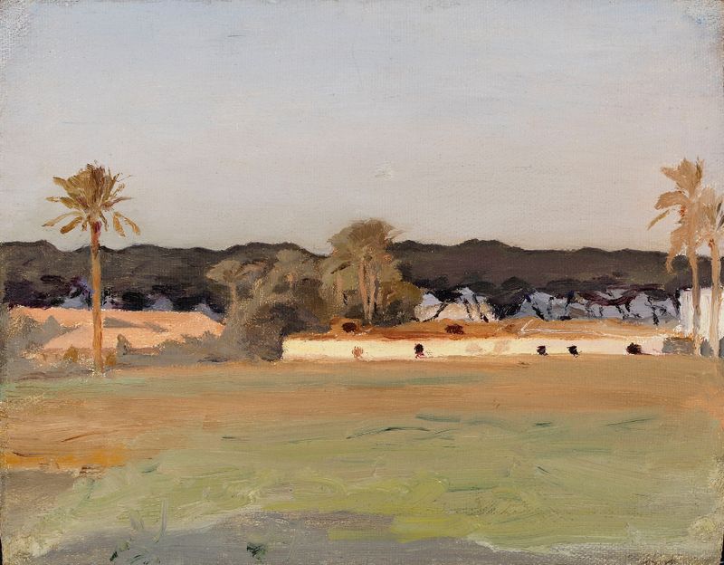 Evening by Jan Ciągliński, oil painting depicting a landscape at dusk with golden light.