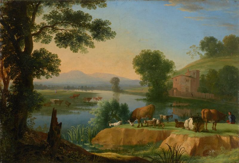 A river landscape with goats and cattle by Herman van Swanevelt, oil painting
