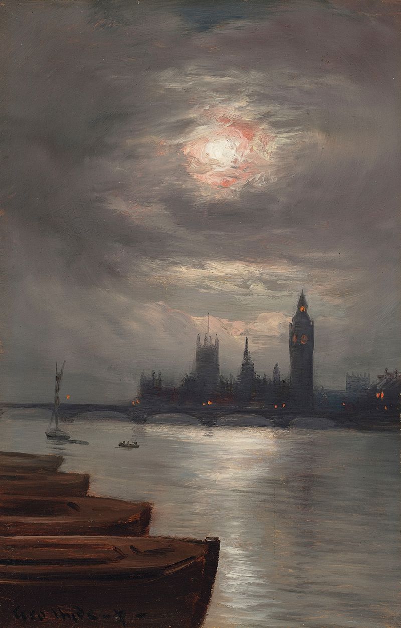 Moonlit river scene by George Hyde Pownall, oil on canvas