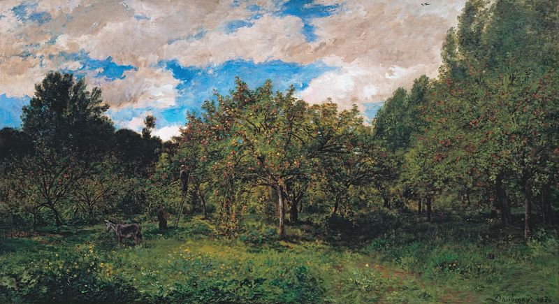 Pomar Francês na Época da Colheita, pintura a óleo de Charles François Daubigny, com árvores frutíferas e luz do sol.