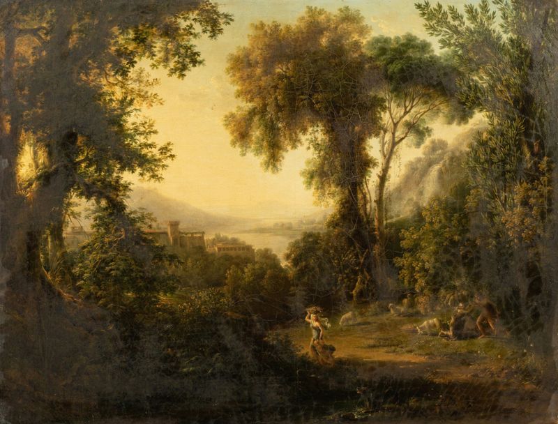Paisagem italiana com pastores e uma cobra, óleo sobre tela de Pierre-Athanase Chauvin
