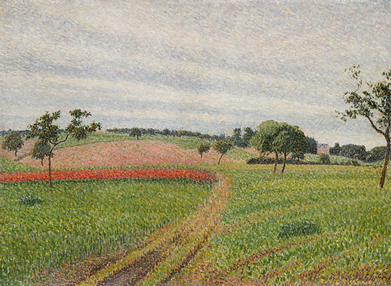 Paisaje con colinas bajo un cielo gris, pintura al óleo de Camille Pissarro