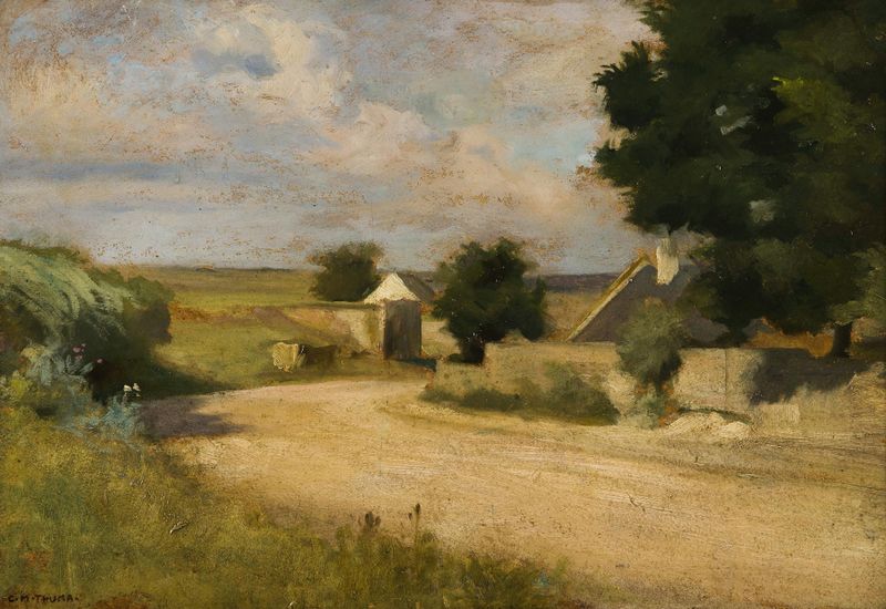 Landscape by Karl Maria Thuma, featuring a village and lush greenery, impressionist style