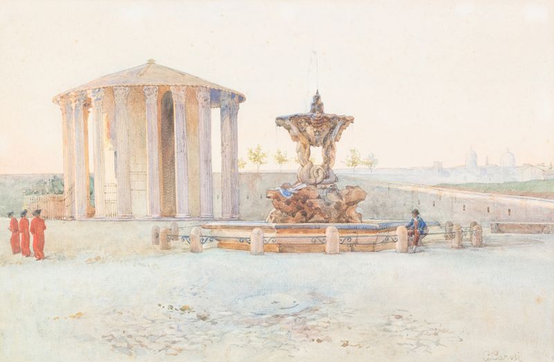 Óleo neoclássico sobre tela de Giuseppe Carosi com o Templo de Hércules e uma fonte.