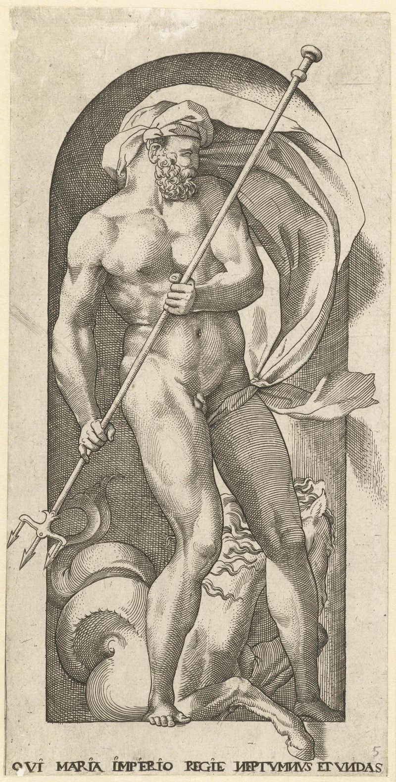 Gravura Neptunus met drietand en Hippocampus de Jacob Binck mostrando um deus do mar com um tridente e um hipocampo.