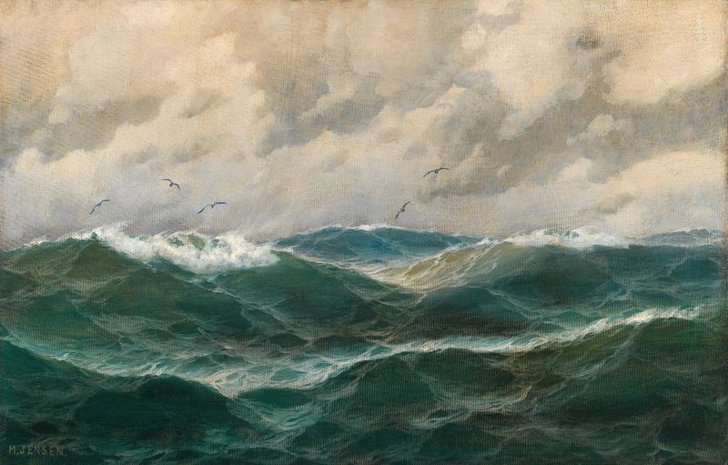 Maritime scene with waves and a ship by Max Jensen, oil painting