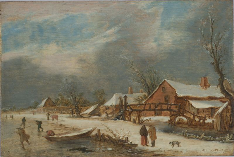A Winter Landscape de Esaias van de Velde, óleo sobre panel, que representa una serena escena invernal con nieve.