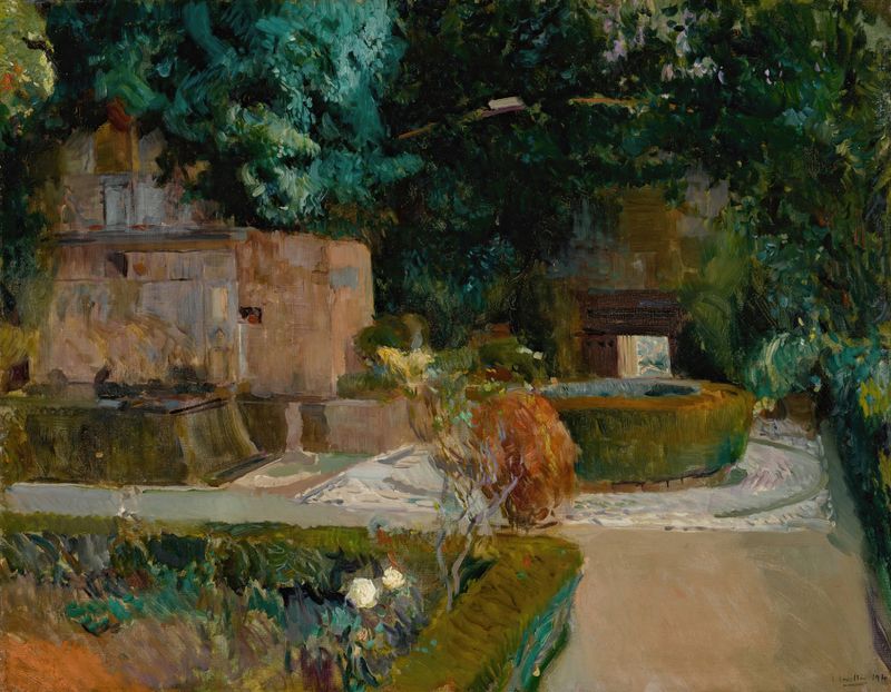 Jardín de los Adarves, Alhambra, Granada de Joaquín Sorolla, óleo sobre lienzo que muestra un jardín vibrante.