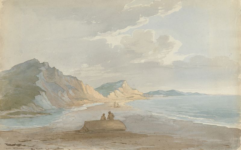 The Beach at Charmouth by John Baverstock Knight, oil on canvas depicting gentle waves and sandy shore