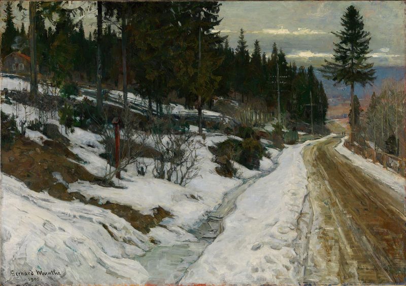Paisagem de inverno com neve e árvores de Gerhard Munthe, 1905