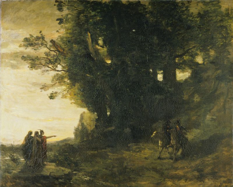 Paisaje con colinas y agua, pintura al óleo de Jean-Baptiste-Camille Corot