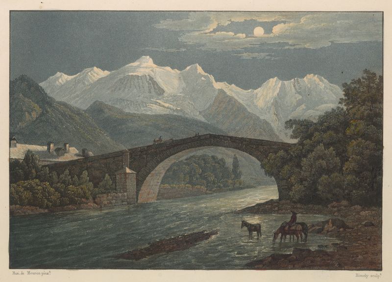 Vue du Pont de St. Martin de Gabriel Lory el viejo, óleo sobre lienzo que representa un puente sobre un río.