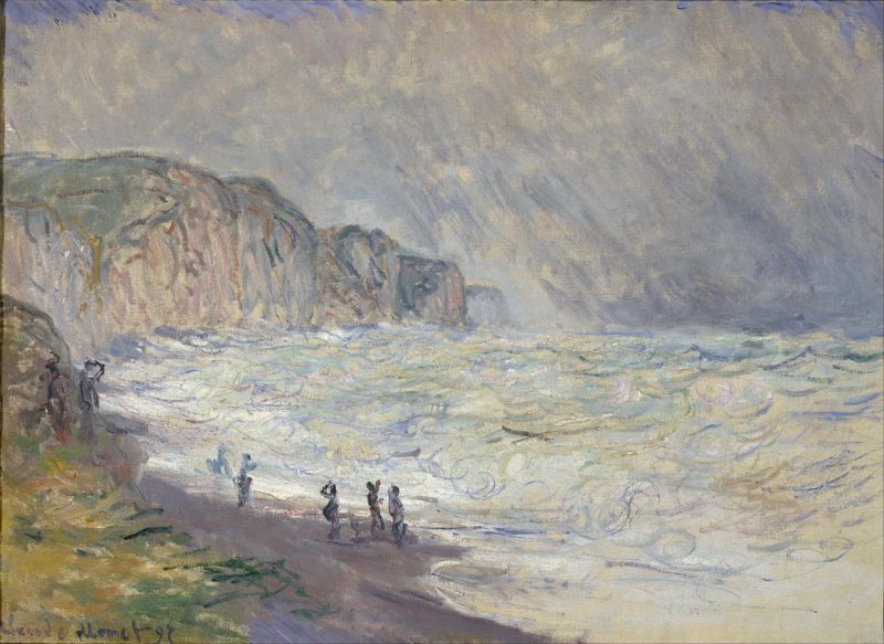 Heavy Sea at Pourville de Claude Monet, pintura al óleo que representa olas tumultuosas y la costa.