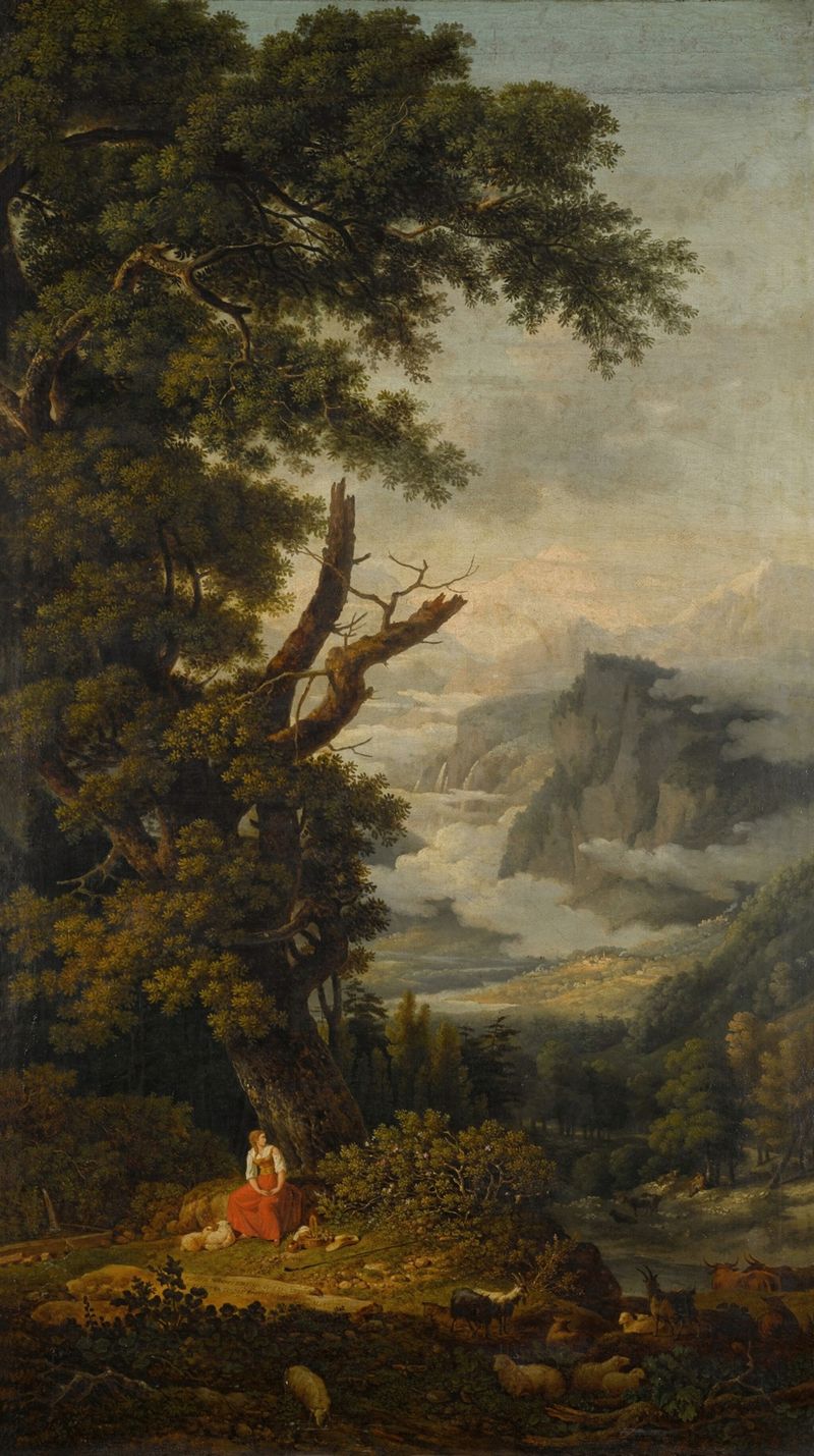 La Bergère des Alpes by Jean-Pierre Péquignot, oil painting of a shepherdess in a mountainous landscape.