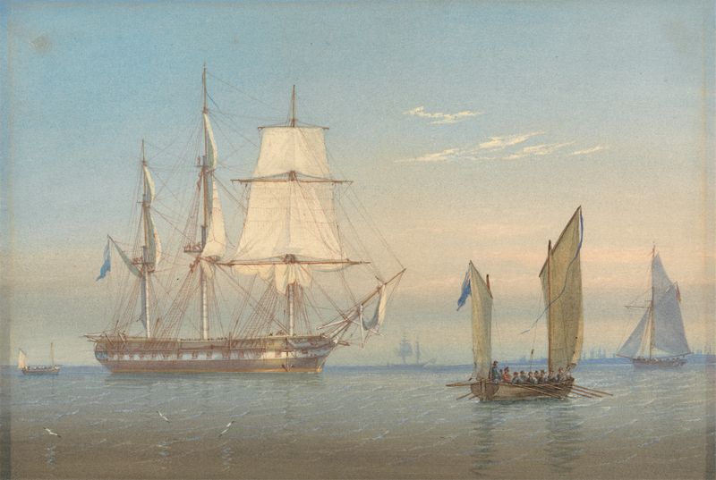 A British Frigate Dropping Anchor by William Joy, oil painting depicting a frigate at sunset.
