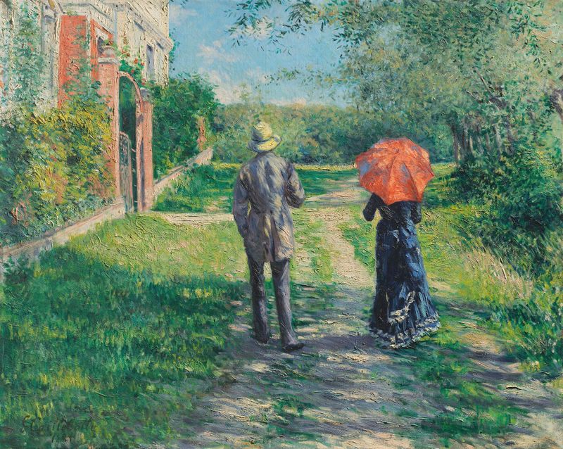 Chemin Montant de Gustave Caillebotte, óleo sobre lienzo que representa un camino inclinado entre árboles