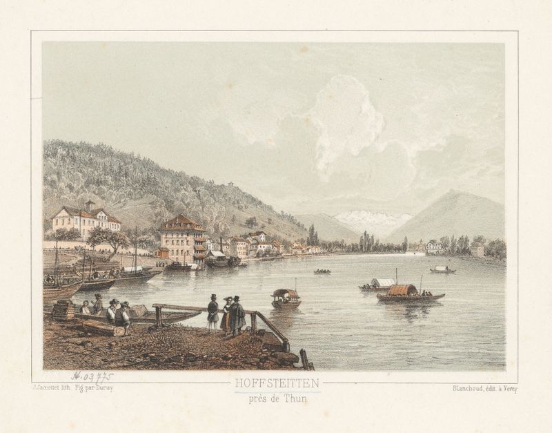 Pintura de paisaje al óleo de Jean Jacottet que muestra un lago sereno al atardecer