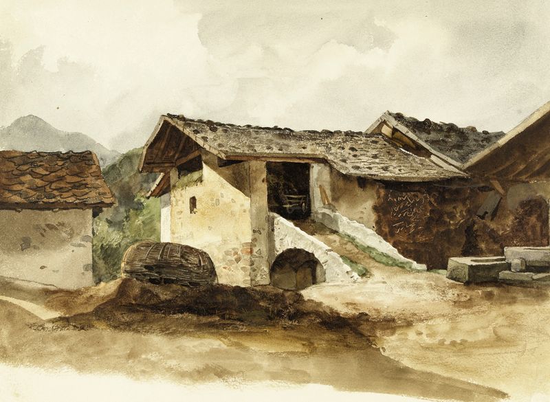 Vue d’une ferme by René Marjolin, oil on canvas depicting a farmhouse in golden fields.